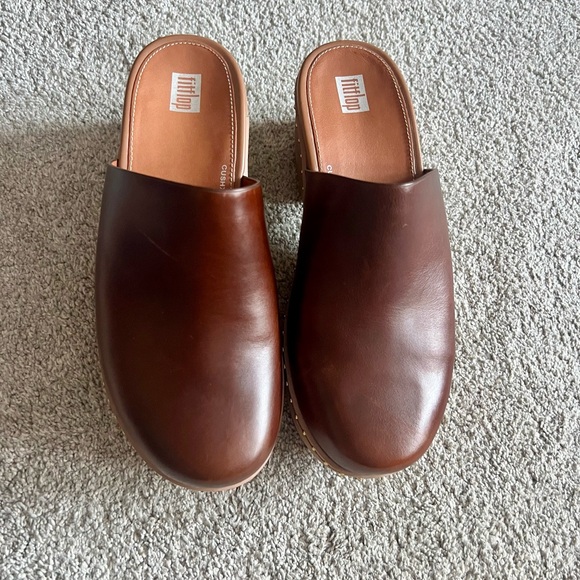 FitFlop Pilar Studded Size 9 Tan Brown Leather Platform Chunky Heel Mules Clogs - Picture 6 of 9